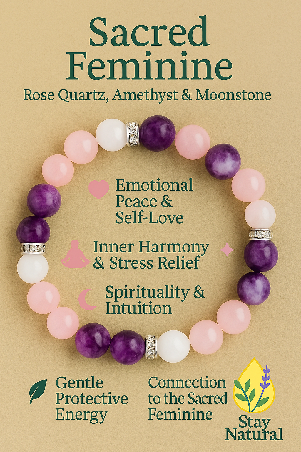Sacred Feminine Bracelet – Rose Quartz, Amethyst & Moonstone